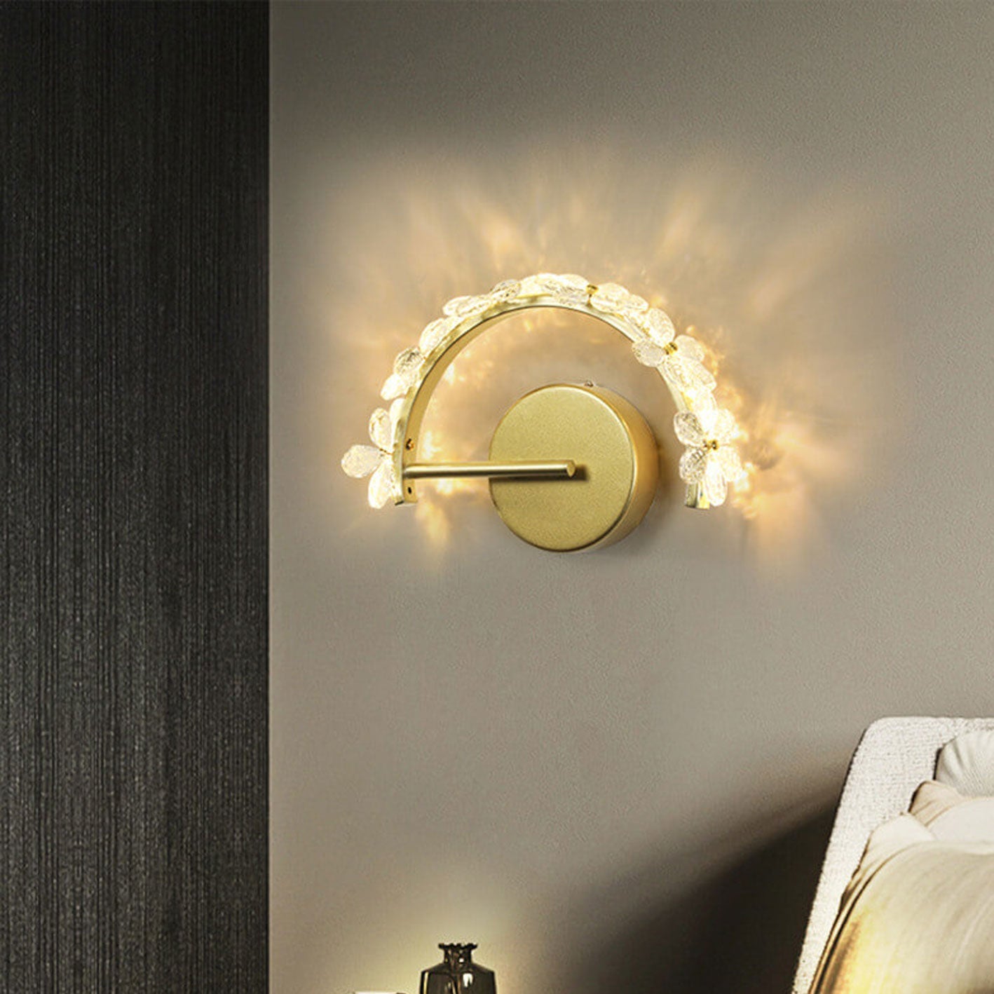 Nordic Gold Crystal Flower Half Circle LED Wall Sconce Lamp