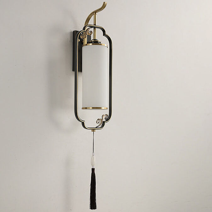 Chinese Copper Iron Glass Column 1-Light Wall Sconce Lamp