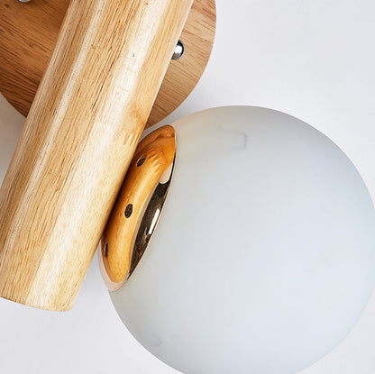 Cylinder Orb Wood Hardware Glass 2-Light Wall Sconce Lamp