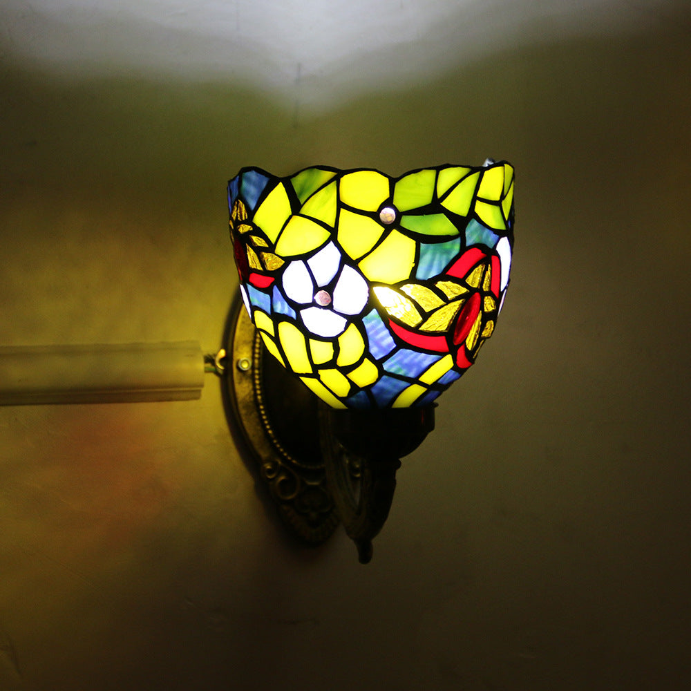 Tiffany Glass Iron Round Bowl 1-Light Wall Sconce Lamp