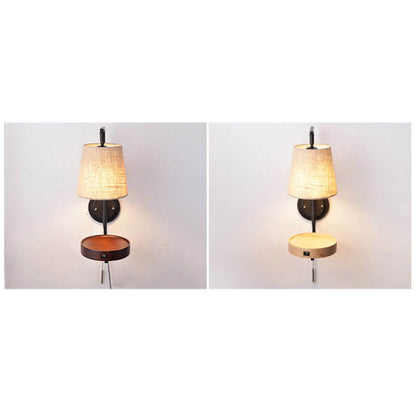 Light Wood Wrought Iron Fabric 1-Light Wall Sconce Lamp
