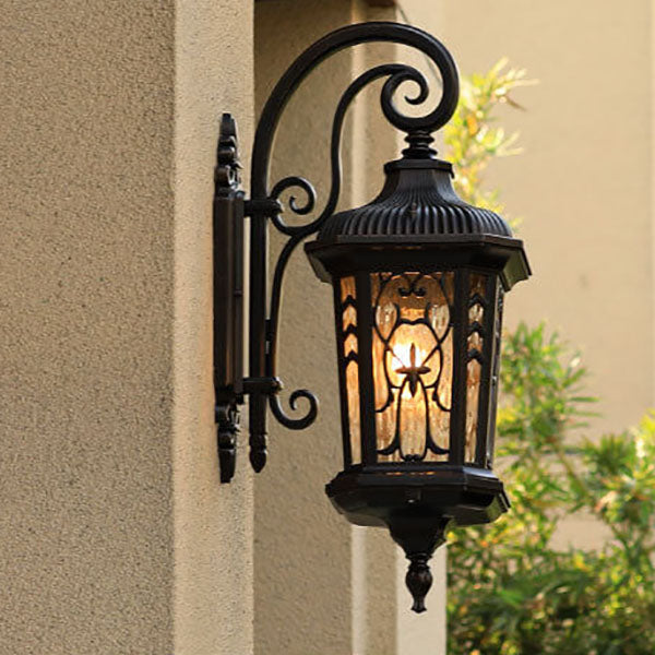 Outdoor Carved Cage Aluminum Glass 1-Light Wall Sconce Lamp