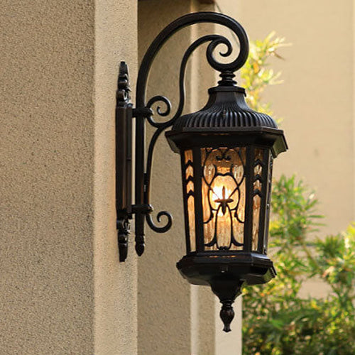 Outdoor Carved Cage Aluminum Glass 1-Light Wall Sconce Lamp