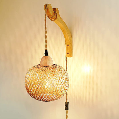 Japanese Round Head Rattan Weaving 1-Light Wall Sconce Lamp