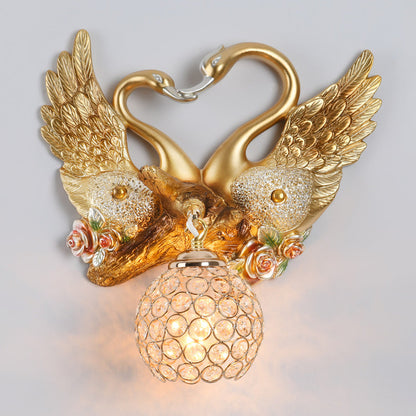 Deco Iron Crystal Couple Swan Ball 1-Light Wall Sconce Lamp