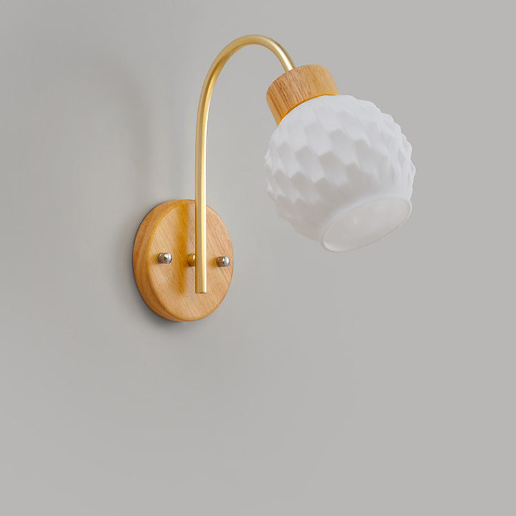Bell Pleated Glass Shade Wood 1-Light Wall Sconce Lamp