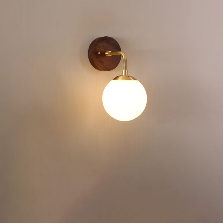 Walnut Brass Glass Round Orb 1-Light Wall Sconce Lamp