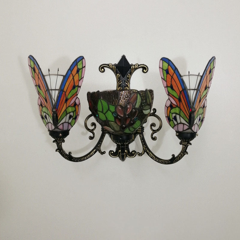 Tiffany Butterfly Alloy Iron Glass 3-Light Wall Sconce Lamp
