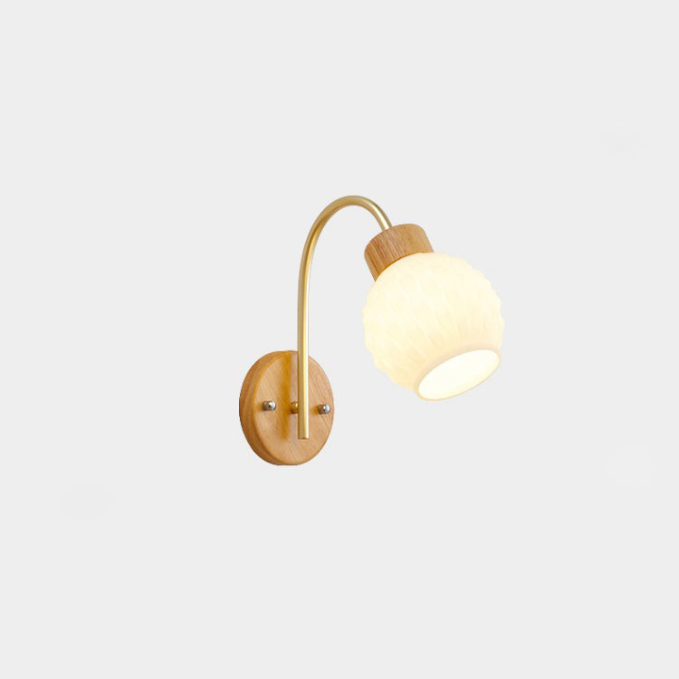 Bell Pleated Glass Shade Wood 1-Light Wall Sconce Lamp