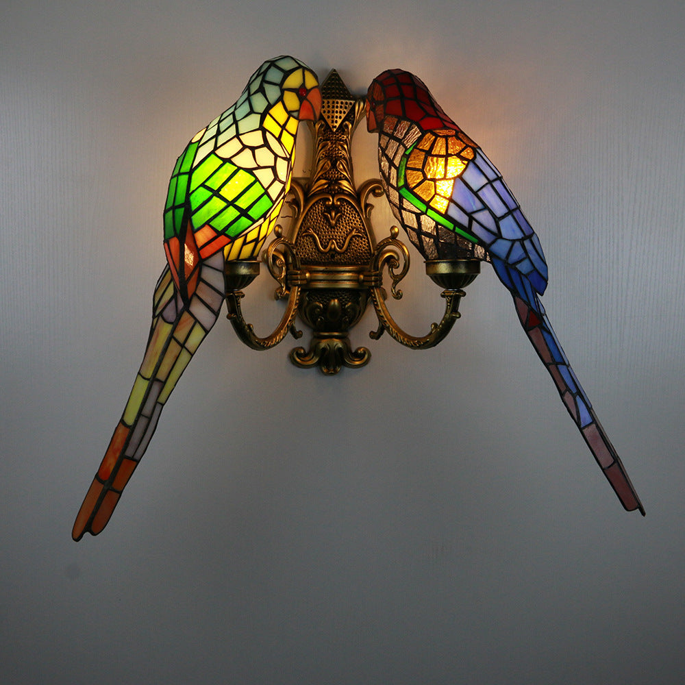 Tiffany Parrot Stained Glass 2-Light Wall Sconce Lamp