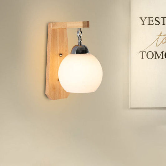 Japanese Round Shade Wood Arm 1-Light Wall Sconce Lamp
