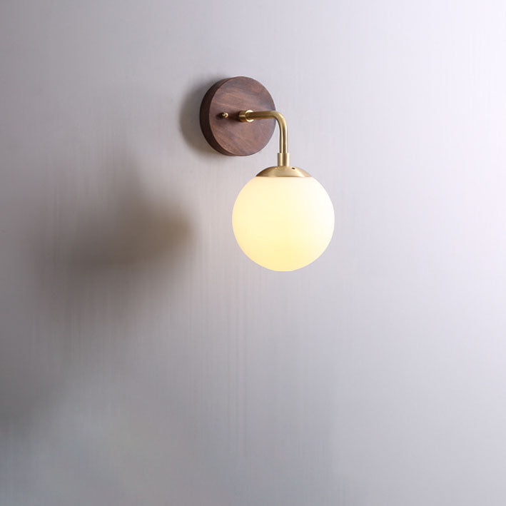 Walnut Brass Glass Round Orb 1-Light Wall Sconce Lamp