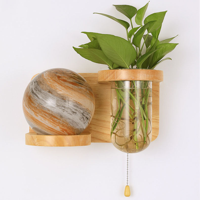 Minimalist Oak Glass Planet 1-Light Wall Sconce Lamp