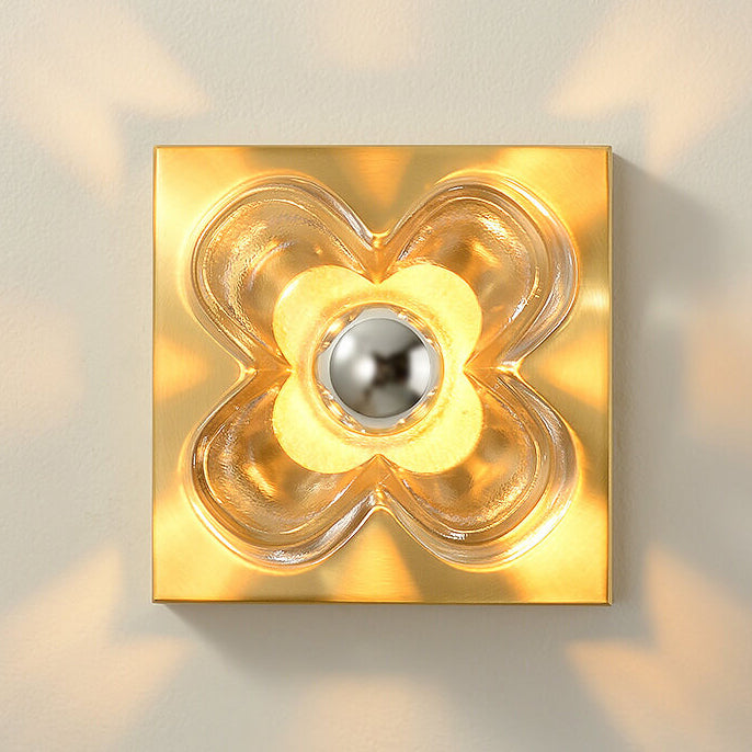 Round Square Clover Copper Glass 1-Light Wall Sconce Lamp
