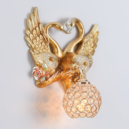 Deco Iron Crystal Couple Swan Ball 1-Light Wall Sconce Lamp