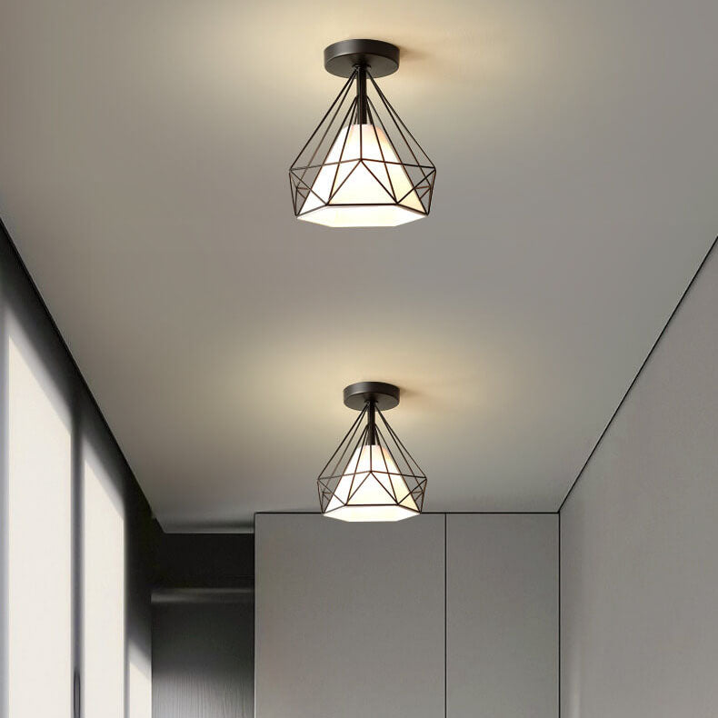 Scandinavian Modern Minimalist Iron Glass Ceramic Flower Diamond 1-Light Semi-Flush Mount Ceiling Light