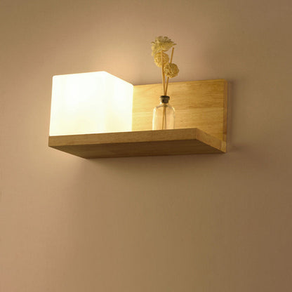Creative Rubberwood Glass Square 1-Light Wall Sconce Lamp