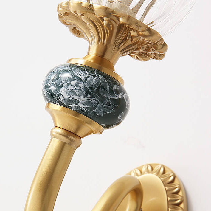 Floral Glass Brass Curved Arm 1/2 Light Wall Sconce Lamp