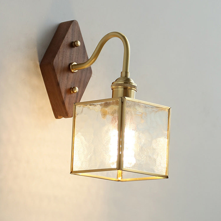 Square Copper Glass Wood 1-Light Wall Sconce Lamp