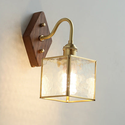 Square Copper Glass Wood 1-Light Wall Sconce Lamp