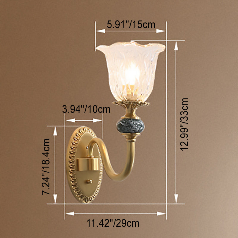 Floral Glass Brass Curved Arm 1/2 Light Wall Sconce Lamp