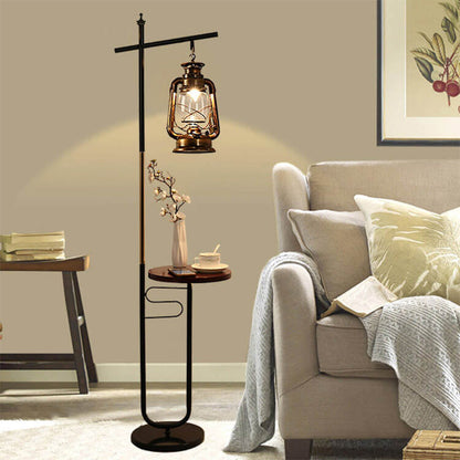 European Vintage Simple Lantern Table Iron Wood Marble 1-Light Standing Floor Lamp