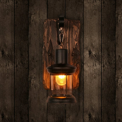 Cylinder Glass Iron Wooden Base 1-Light Wall Sconce Lamp