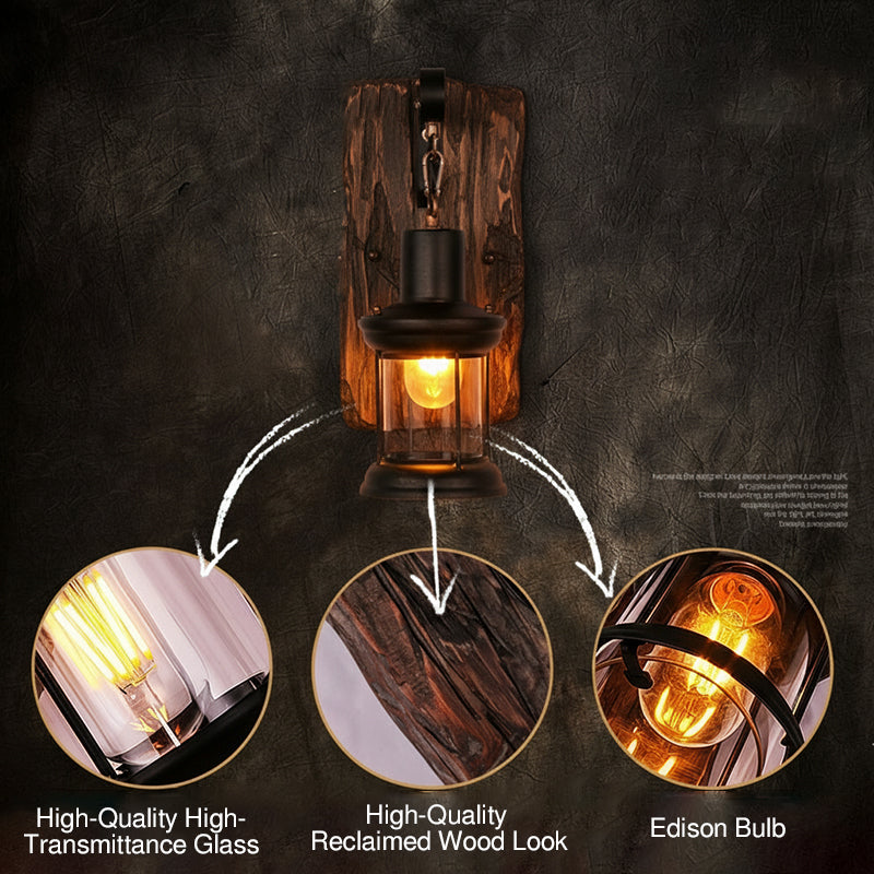 Cylinder Glass Iron Wooden Base 1-Light Wall Sconce Lamp