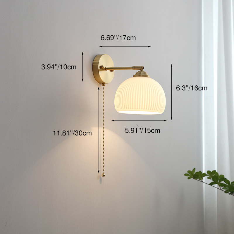 Striped Glass Brass 1-Light Pull Cord Wall Sconce Lamp