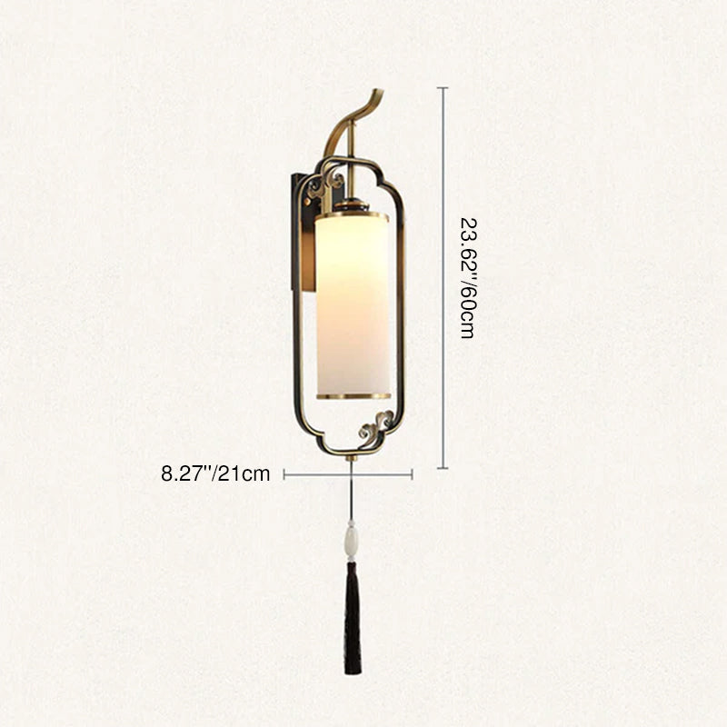 Chinese Copper Iron Glass Column 1-Light Wall Sconce Lamp