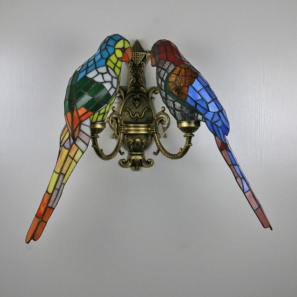 Tiffany Parrot Stained Glass 2-Light Wall Sconce Lamp