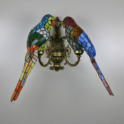 Tiffany Parrot Stained Glass 2-Light Wall Sconce Lamp