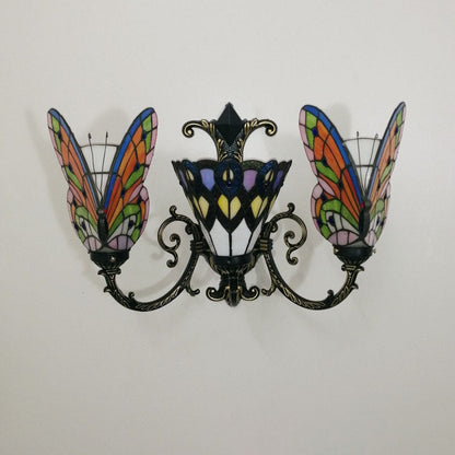 Tiffany Butterfly Alloy Iron Glass 3-Light Wall Sconce Lamp