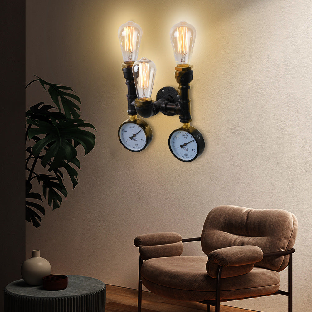 Traditional Iron Pipe Water Meter 3-Light Wall Sconce Lamp