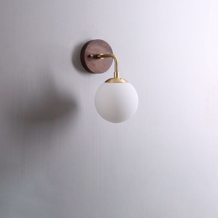 Walnut Brass Glass Round Orb 1-Light Wall Sconce Lamp