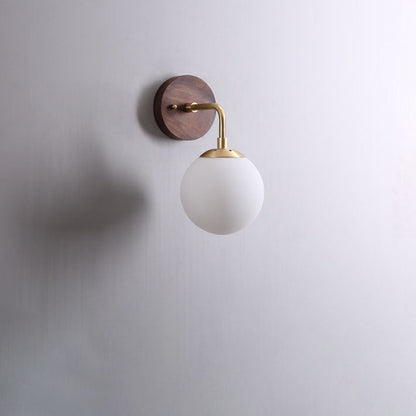Walnut Brass Glass Round Orb 1-Light Wall Sconce Lamp