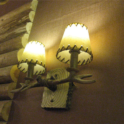 Antler Resin Faux Parchment Shade 2-Light Wall Sconce Lamp