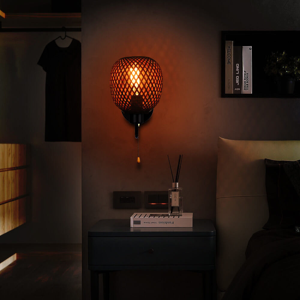Chinese Iron Bamboo Woven Cage 1-Light Wall Sconce Lamp