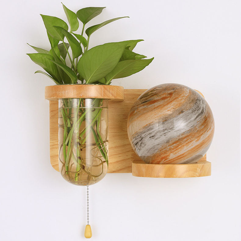 Minimalist Oak Glass Planet 1-Light Wall Sconce Lamp
