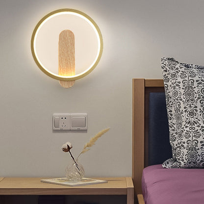 Wood Grain Round Wrought Iron LED Wall Sconce Lamp