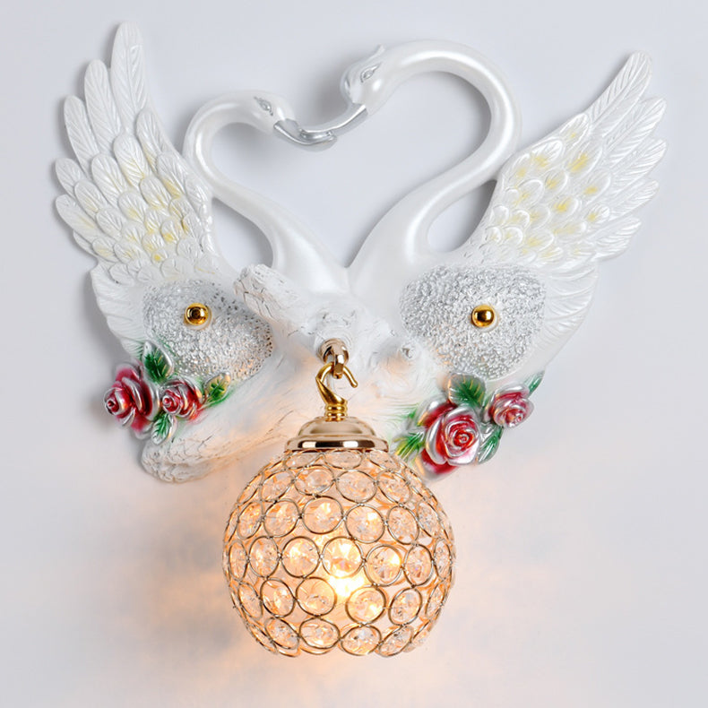 Deco Iron Crystal Couple Swan Ball 1-Light Wall Sconce Lamp