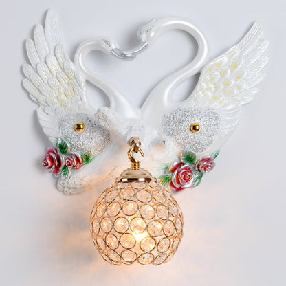 Deco Iron Crystal Couple Swan Ball 1-Light Wall Sconce Lamp