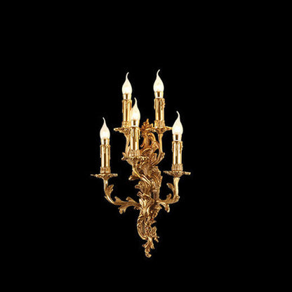 French Copper Candle Carved 5-Light Wall Sconce Lamp