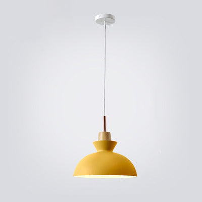 Contemporary Nordic Oak Wood Iron Bell Cone Dome 1-Light Pendant Light For Living Room