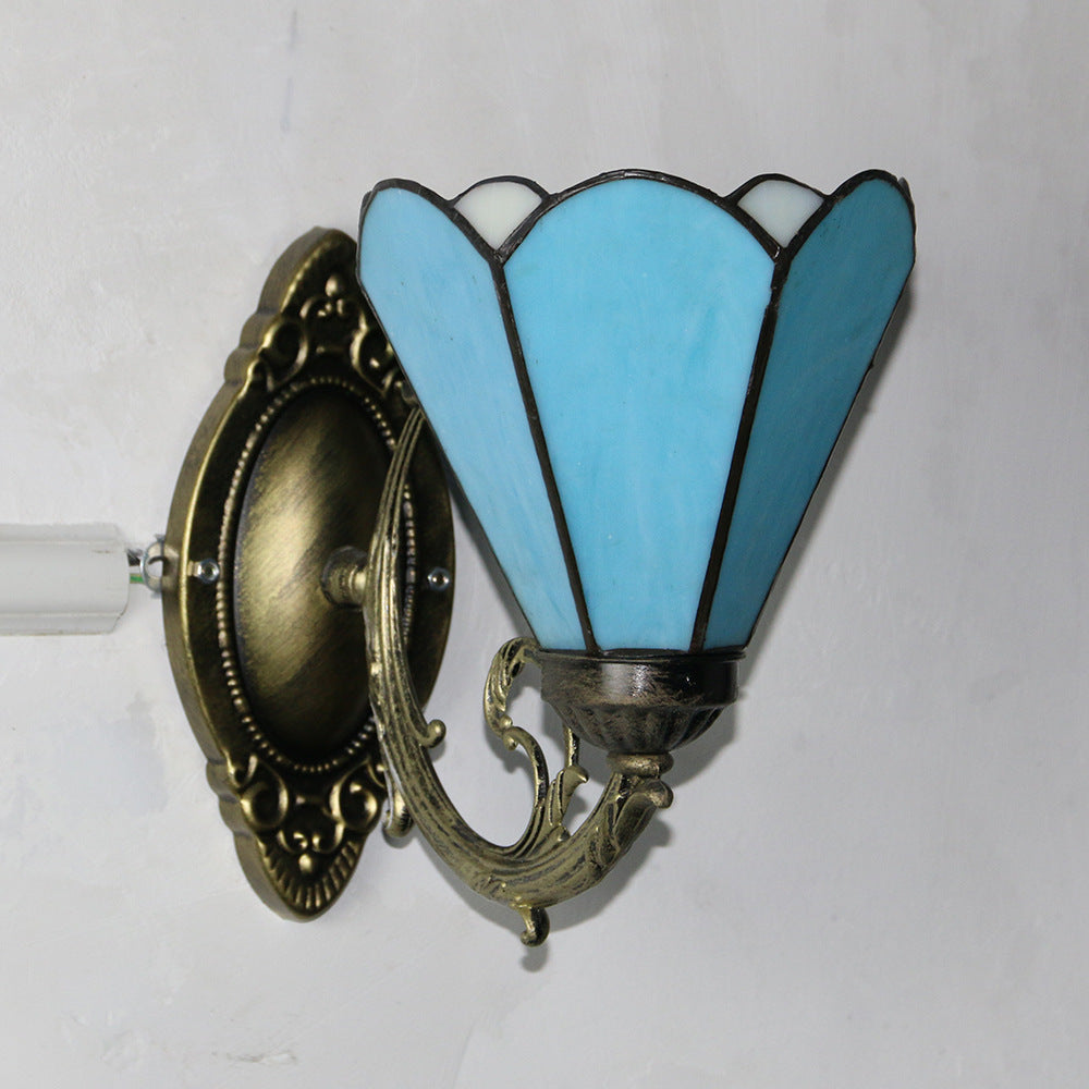 Tiffany Glass Iron Round Bowl 1-Light Wall Sconce Lamp