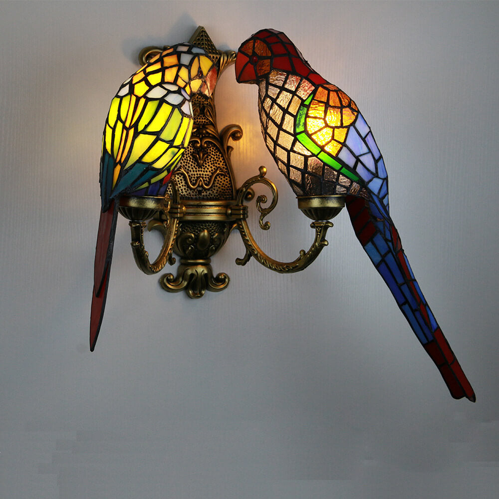 Tiffany Parrot Stained Glass 2-Light Wall Sconce Lamp