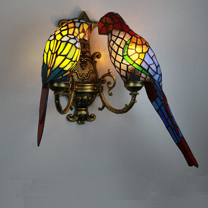 Tiffany Parrot Stained Glass 2-Light Wall Sconce Lamp