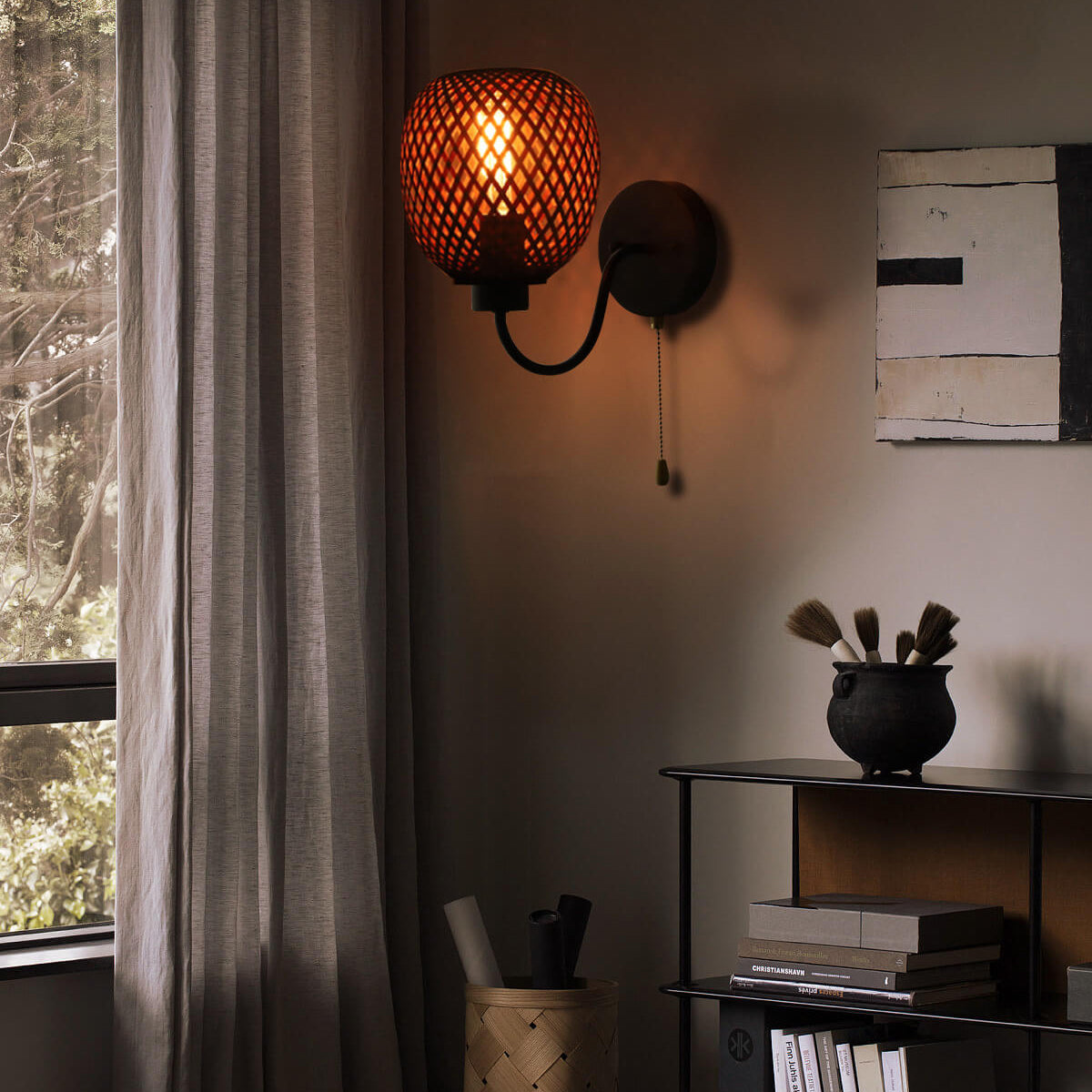 Chinese Iron Bamboo Woven Cage 1-Light Wall Sconce Lamp