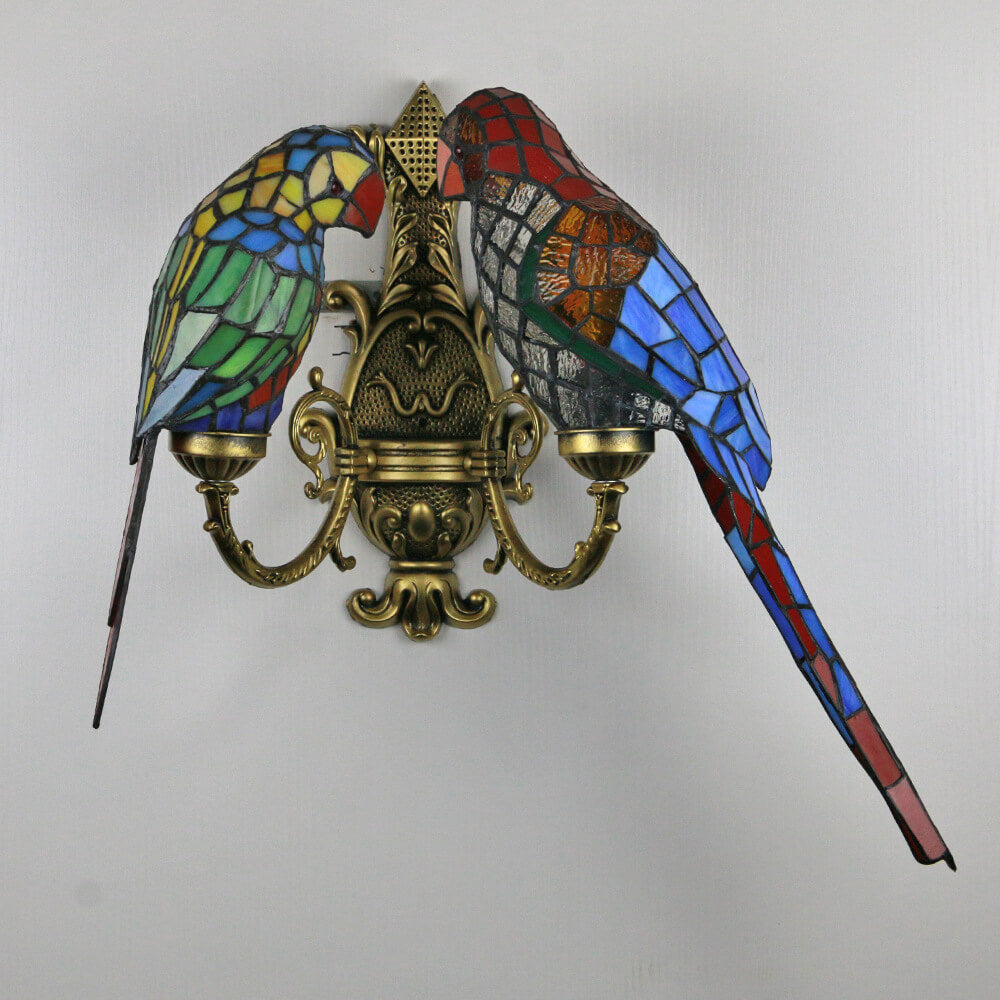 Tiffany Parrot Stained Glass 2-Light Wall Sconce Lamp