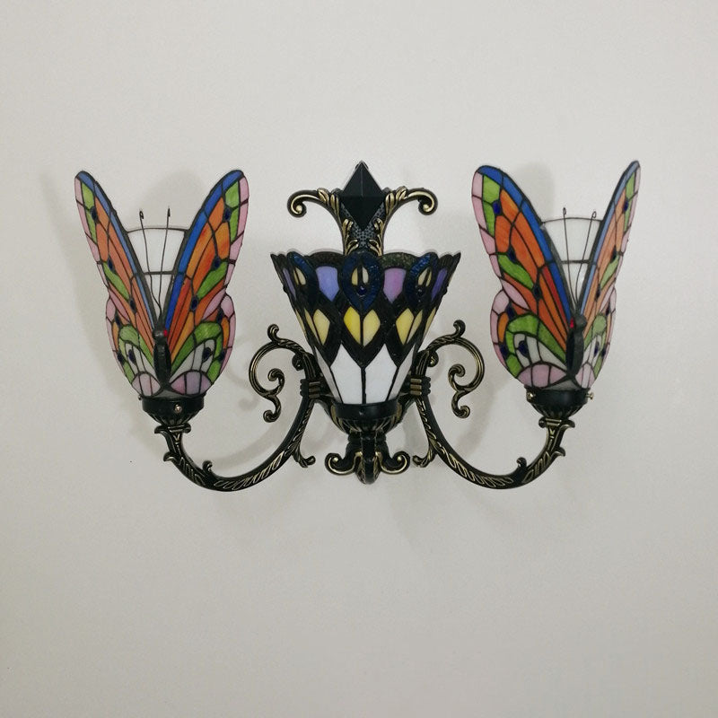 Tiffany Butterfly Alloy Iron Glass 3-Light Wall Sconce Lamp